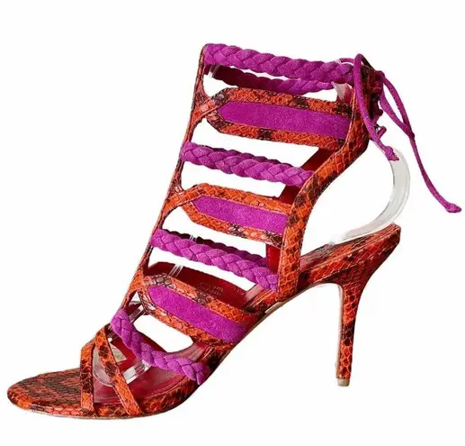 Brian Atwood  Felisa Sandals Mixed Media Strappy Braided Leather Orange Pink 7