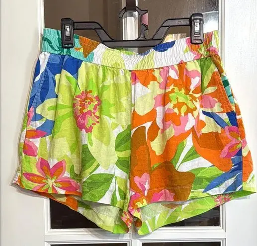 FUTURE COLLECTIVE Alani Noelle Linen Blend Stretch Waist Bold Print Shorts Small Green Size M
