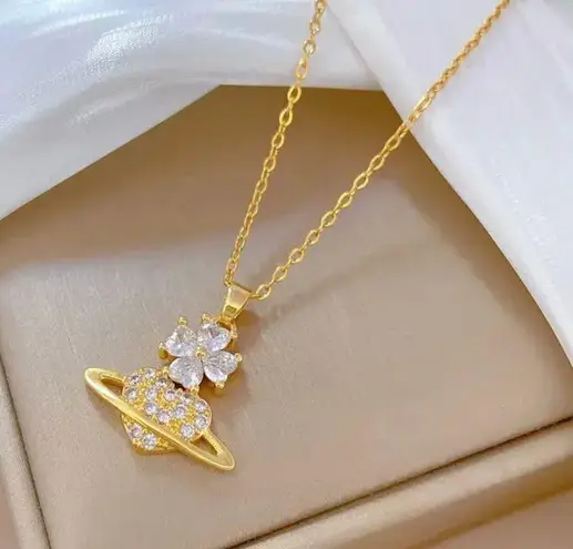 18K Gold Plated Flower Planet Light Luxury Temperament Gorgeous Full Diamond Necklace Multi