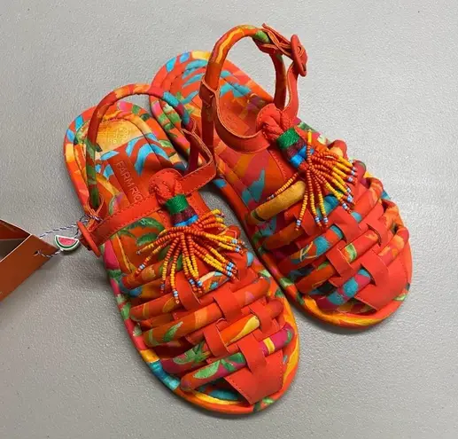 Farm Rio Sandal Flat Tropical Tube Strap Buckle Beaded Orange Size 7 NIB