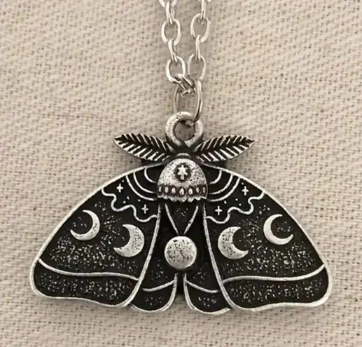 Moon Phase Moth Butterfly Pendant Necklace Silver
