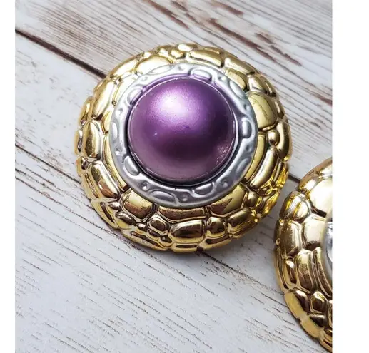 Vintage Clip On Earrings Large Statement Gold Tone, Silver Tone, Metallic Purple