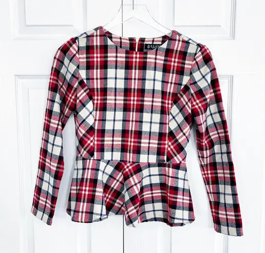 E Land Plaid Flannel Peplum Top Red Size XS