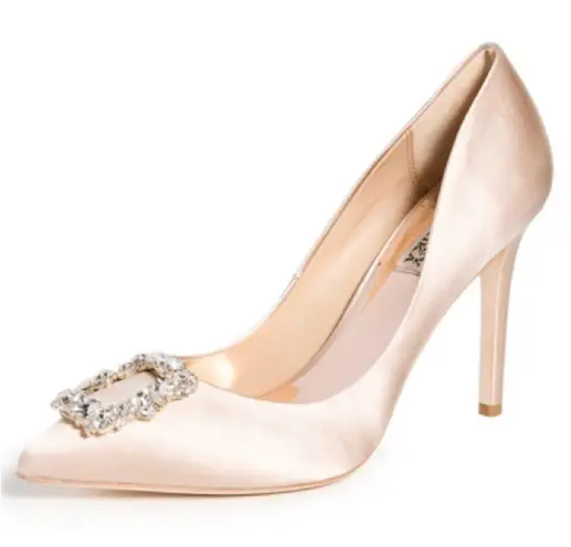 Badgley Mischka 110mm Crystal-Embellished Satin Buckle Pumps, Nude Size 8 NEW