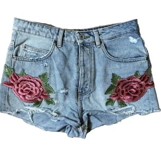 ZARA  Trafaluc Women High Rise Shorts Sz 6 Blue Cotton Denim Embroidered Roses