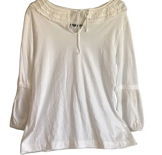 BCBGMAXAZRIA  White smocked neck 100% cotton top. Size Large.