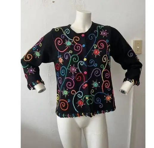 Jane's Closet Black Multicolor Beaded groovy Embroidered funky cardigan Small