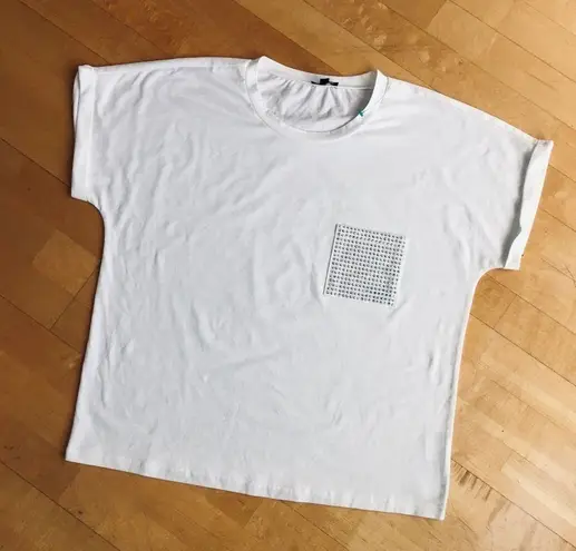 On Twelfth Short Sleeve, Rhinestone Bling Pocket Tee, White, Colorful, Size XL