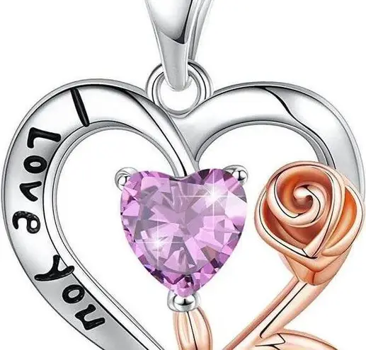 Love Heart Pendant Necklace for Women Sterling Silver Rose Flower Heart Necklace