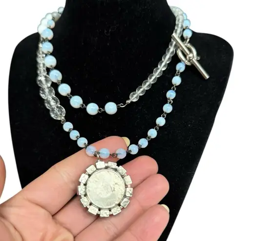 Faceted Opalite & Crystal Boho Bead Necklace with Pendant 18” Toggle Clasp Silver