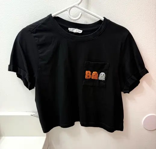 Love Peace & Lazy Days Black Crop Shirt Sequin BOO Ghost Size Medium (Pre thumbnail 1