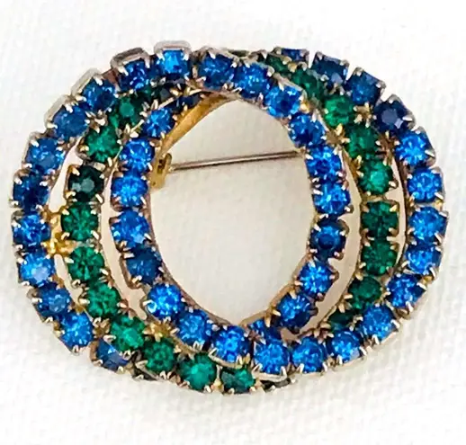 Vintage Blue  and Green Rhinestone Circles Brooch Pin