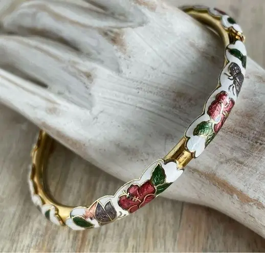 VTG White Enamel Gold Tone Cloisonné Butterfly Bangle Bracelet