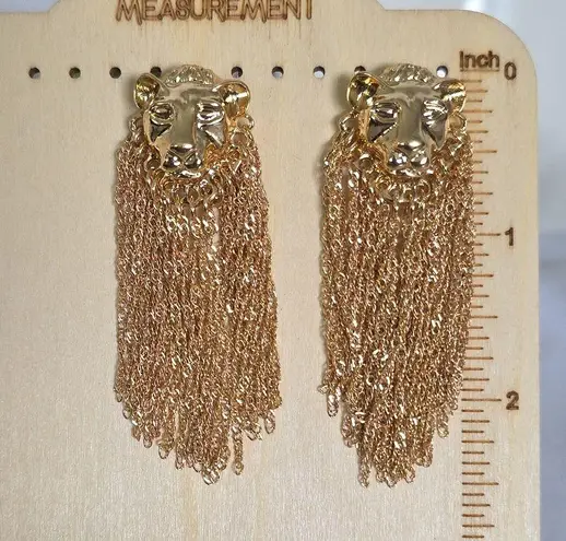 Boutique Statement Glam Gold Lion Earrings with Shimmer Chain Fringe
