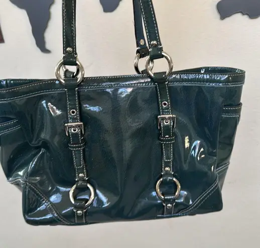 Coach  gallery tote bag, sexy, shiny, teal green with blue lining patent leather