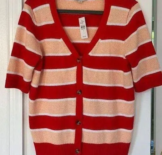 Loft NWT  Outlet 100% Cotton Pink & Peach Striped Button Down Cardigan