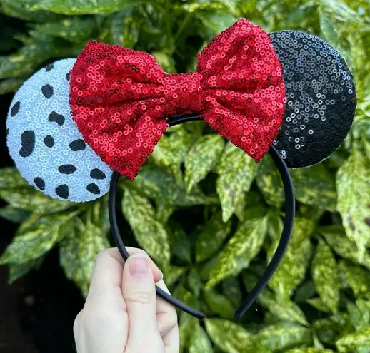 NEW Dalmatians Cruella Disney Movie Theme Sequin Mouse Ears Headband Polka Dot Black
