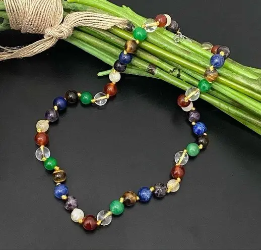 Handmade Multicolored Chakra Mala Beads Knotted Agate Stone Beads 18” Necklace Green