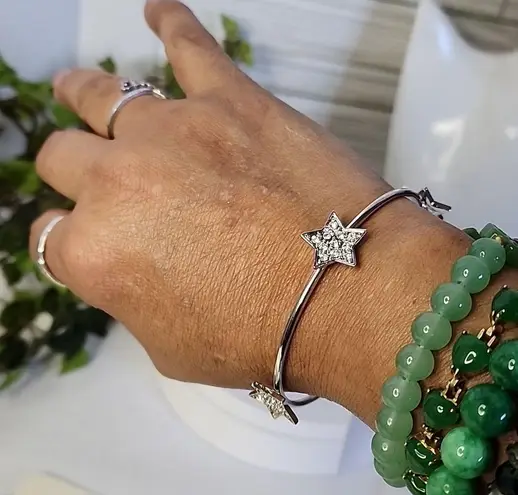 Silver Steel Bangle Bracelet with Stars Pave Crystals