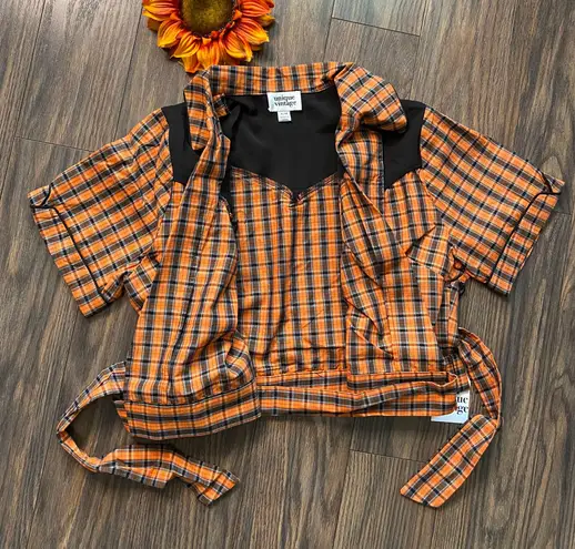 Unique Vintage NWT  50’s Western Black/Orange Plaid Wrap Star Crop Top 2X-LARGE