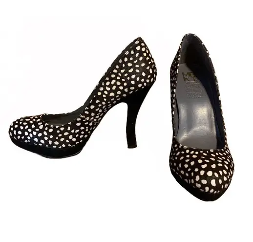 MRKT BROWN, BLACK & WHITE DOTTED CALF HAIR PUMPS (8.5)