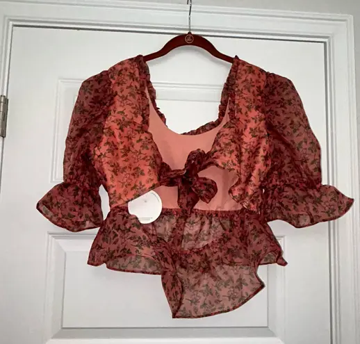 Lost + Wander New, Venus Rising Floral Print Puff Short Sleeve Peplum Top Size L