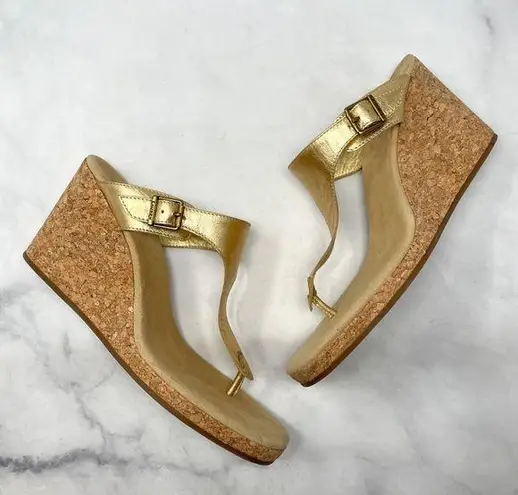 Ralph Lauren Ayva Metallic Genuine Leather Platform Cork Wedge Sandal Heels Gold