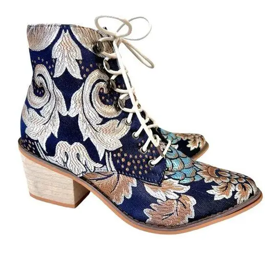 Vintage Satin Floral Embroidered Block Heel Cowboy Ankle Booties Blue Size 7