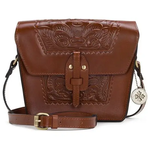 Patricia Nash Marciana Flap Crossbody Tooled Leather Fold Over Adjustable Tan