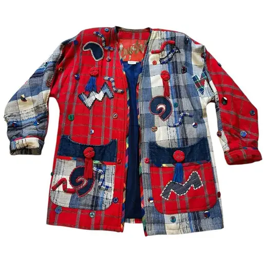 CRYSTAL Handwoven VINTAGE ART TO WEAR Embroidered Button Denim Blazer Medium Blue