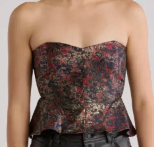 NSR Women Metallic Jacquard Strapless Peplum Top In Black/Red Large