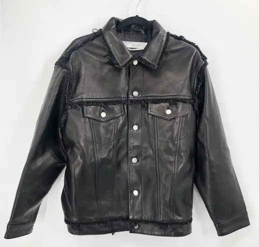 IRO Else Lamb Leather Black Moto Fringe Trimmed Button Up Jacket Boho US 6