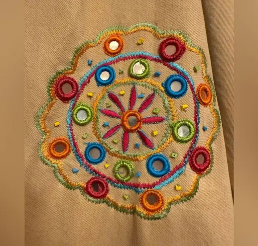 Anne Ashley Vintage Tan Open Denim Jacket Blazer Aztec Boho Embellished Plus 2X Size XXL