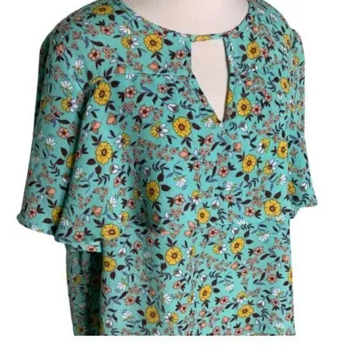 Wishful park  Turquoise & Yellow Flowers Boho Short Sleeves Flowy Top S