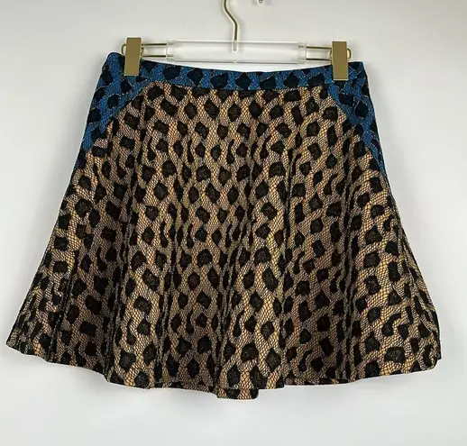 English Rose Leopard Print Yellow, Blue & Black Lace A-Line Mini Skirt Size M