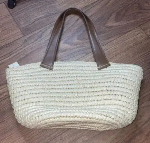 EUC capelli straw Rattan brown handled polka dot, purse bag Blue