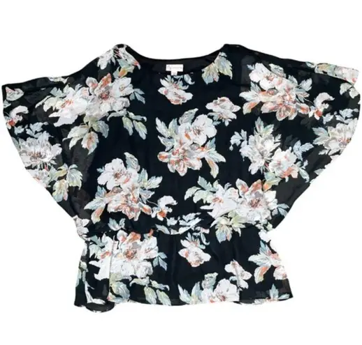 Dress Barn  Women’s Floral Print Sheer Peplum Blouse Black Modest Size 18
