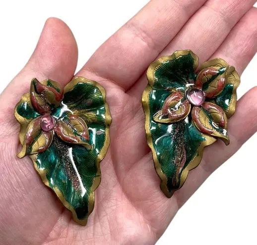 Vintage Unsigned Caladium Leaf Large Post Earrings Enamel Bohemian Boho Floral Multi
