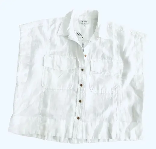 Madewell Womens White Flap-Pocket Button-Up Shirt in 100% Linen