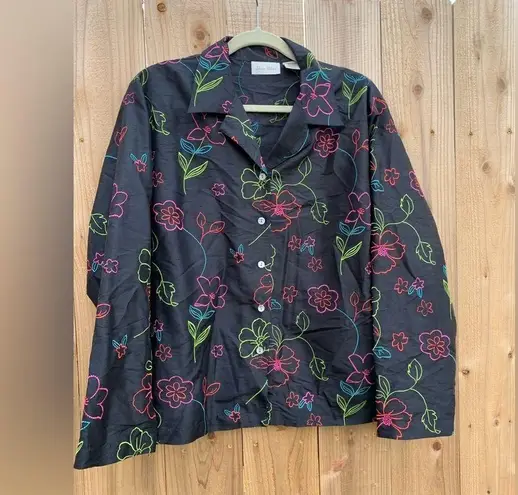 Studio Works  silk black Neon floral  embroidered button‎ top  Size Large Button