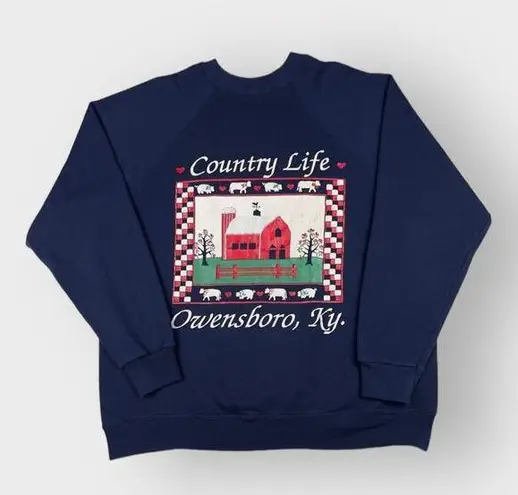 Tultex Vintage Navy Blue Country Life Sweatshirt Size L Red Barn Quilt