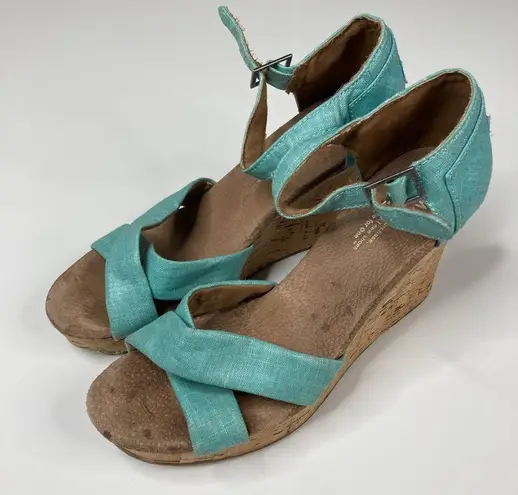 Toms  | Shimmery Aqua Cross Strappy Platform Cork Heels 9.5