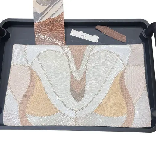 Vintage 1970s Furst & Mooney Snakeskin Clutch Neutral Patchwork Leather Rare Bag Tan