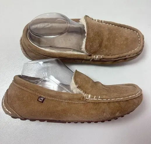 Lamo Slippers Womens 9 Tan Suede Fur Lining Moc Slip On Hard Sole Lounge Shoes Brown