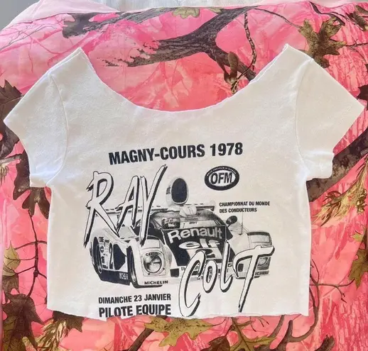 y2k off shoulder white car print graphic crop top