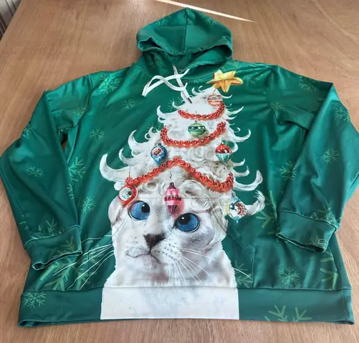 None Christmas Cat Hoodie XL Green Snowflake Funny Holiday Sweatshirt
