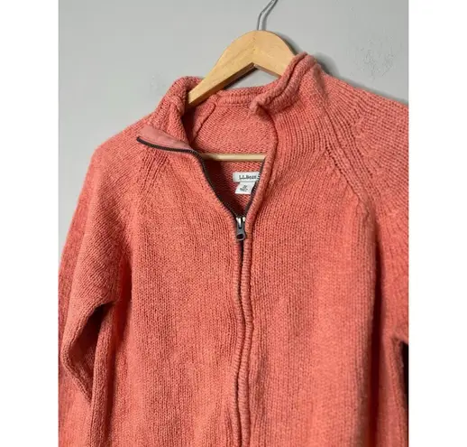 LL Bean Womens Sweater Medium Full Zip Cardigan Peach Mock Neck Cotton Outdoor Orange