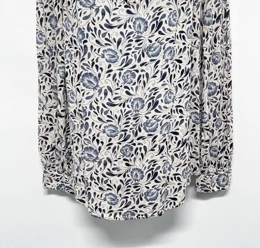 Hinge Floral Print Pattern Popover Lightweight Long Sleeve V Neck Blouse Top