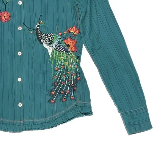 Johnny Was 3J Workshop Peacock and Floral Embroidered Button Down Top medium
