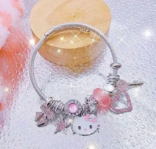 Hello Inspired Kitty Charm Bangle Bracelet Pink